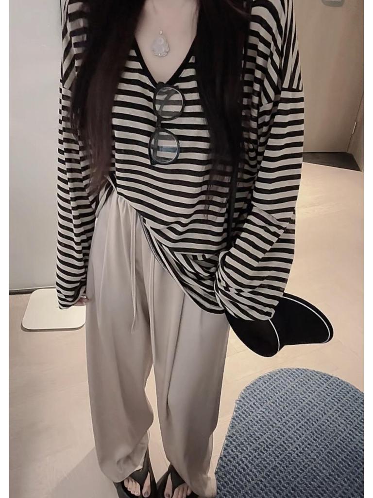 Tencel Linen Striped Loose Fit Women's Sunscreen T-Shirt