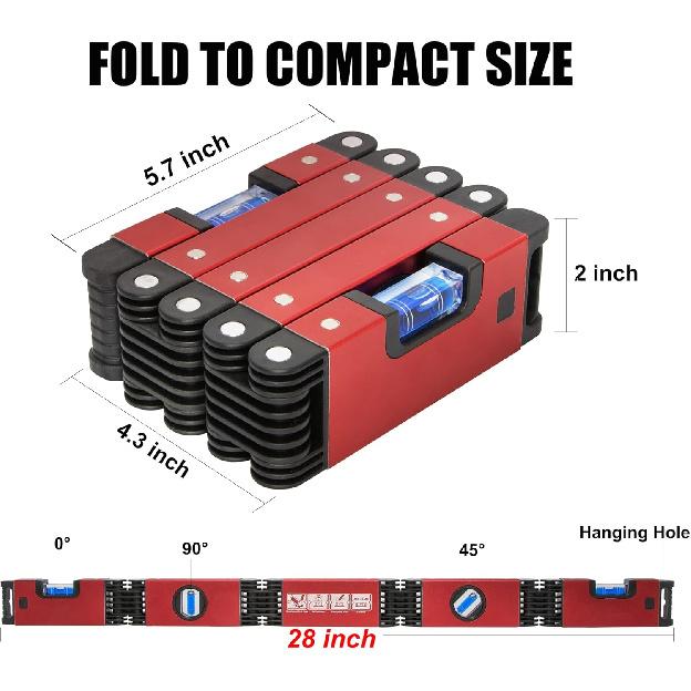 Folding Level, 5 Sections Foldable Level Measuring Woodworking Tool for Various Corners Stairs,Accurate Multi-Angle Measurement Magnetic Aluminum