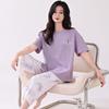Pajamas with Chest Pads Women's Pure Cotton Short-sleeved Cropped Pants Summer Thin Cotton Summer Large Size Black Loungewear Set