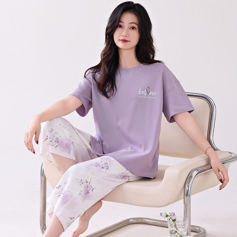 Pajamas with Chest Pads Women's Pure Cotton Short-sleeved Cropped Pants Summer Thin Cotton Summer Large Size Black Loungewear Set