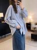 Women's Blue Double-Breasted Long-Sleeve Shirt - Spring/Autumn 2026 New Design, Loose Fit, Slimming Top