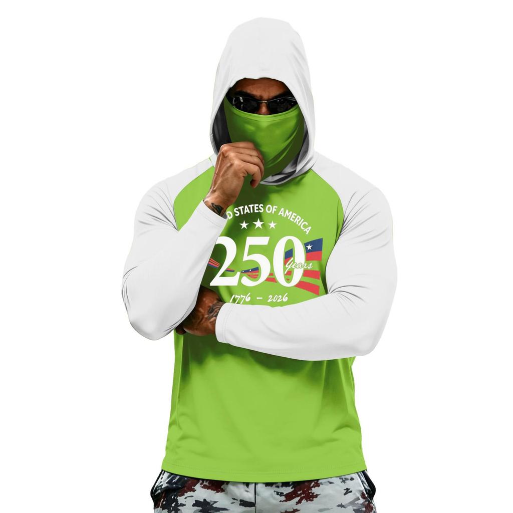 Men Long Sleeve Hooded Sun Protection Shirt with National Flag Graphic Quick Dry Lightweight Athletic Top for Outdoor Activities