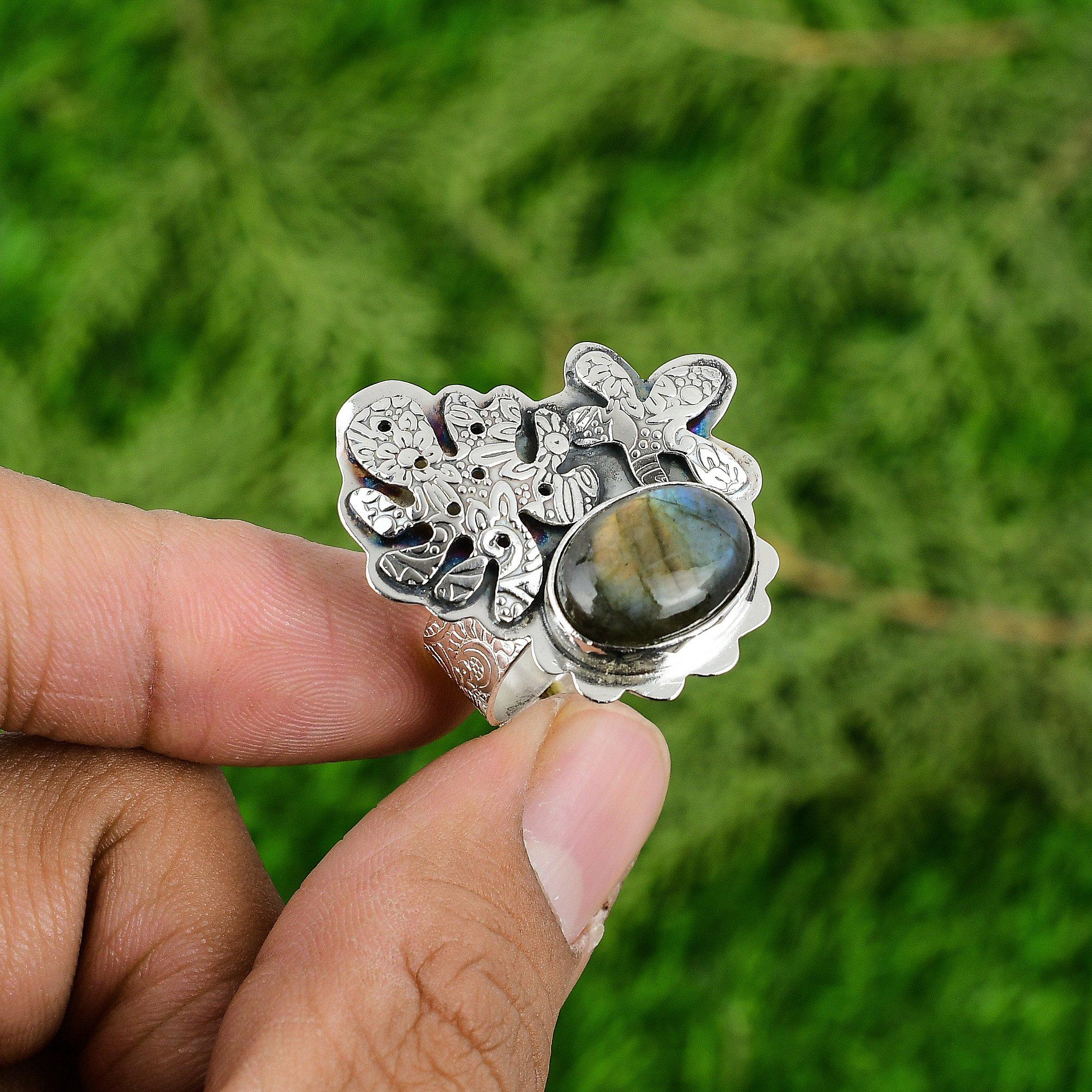 

Natural Labradorite Gemstone 925 Silver Multi Stone Adjustable Ring For Girls Adjustable