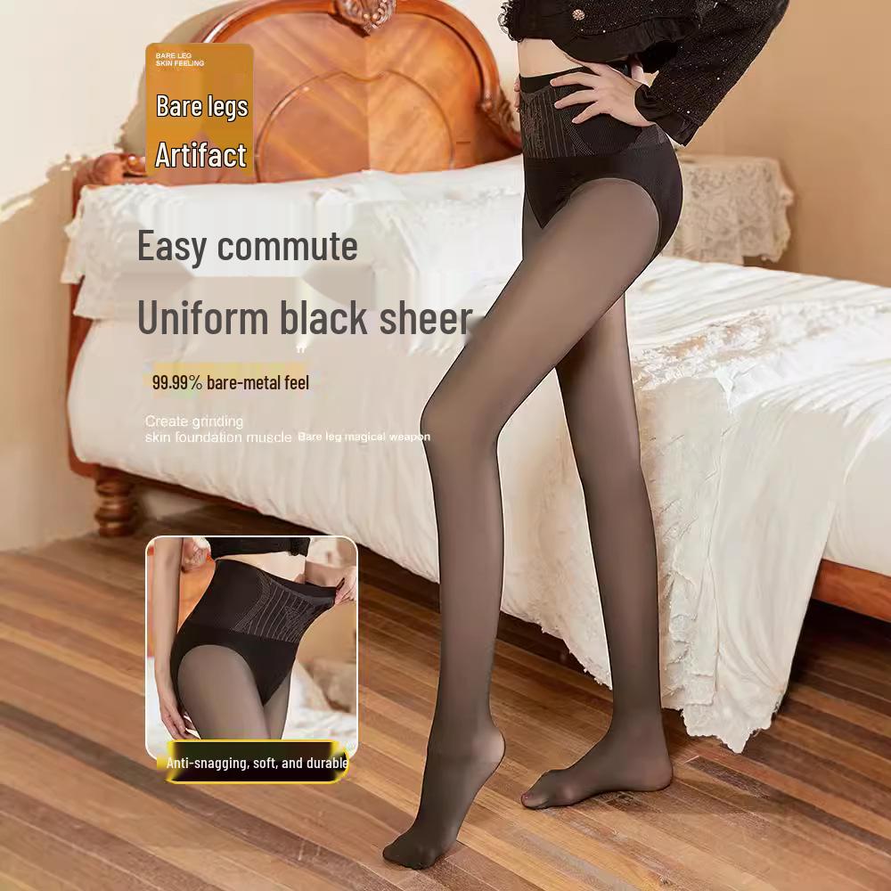 Meia-calça Preta Transparente com Forro de Fleece de Cintura Alta para Mulheres - Look Perna de Fora Outono/Inverno