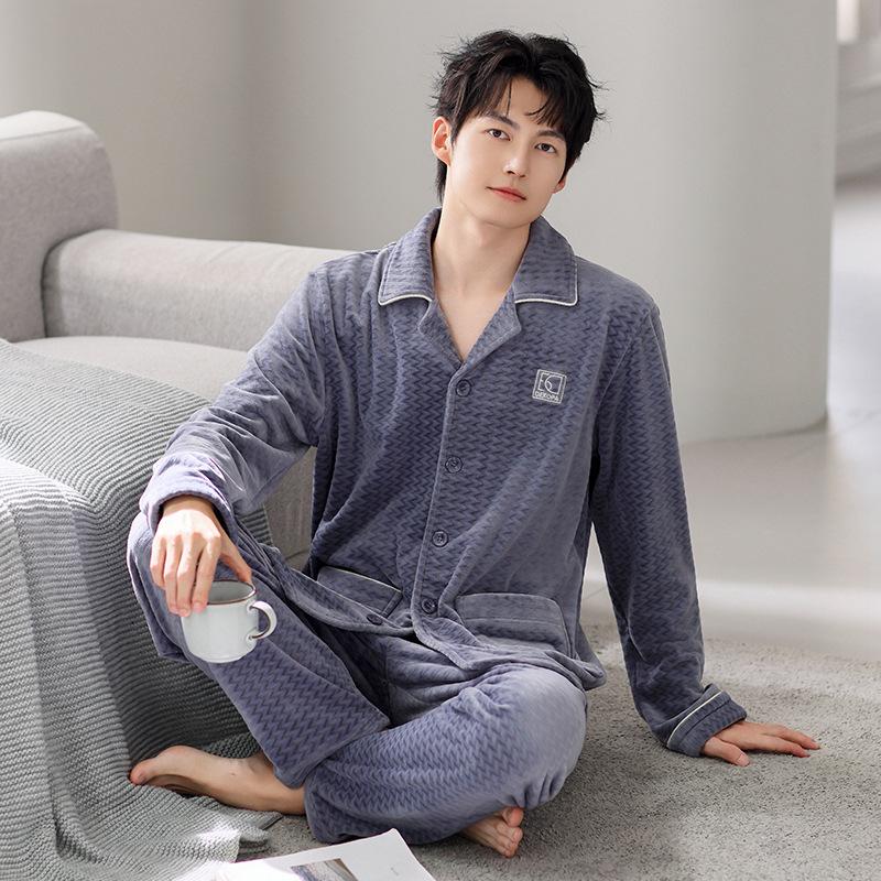 Autumn And Winter Pajamas Men'S Coral Fleece Thickened Fleece Spring And Autumn Warm Thin Island Fleece Large Size Loungewear Set