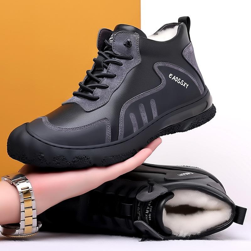 Winter Wool and Fur Integrated Men's Cotton Shoes Genuine Leather High-top Velvet Warm Fashion Casual Sports Outdoor Men's Shoes