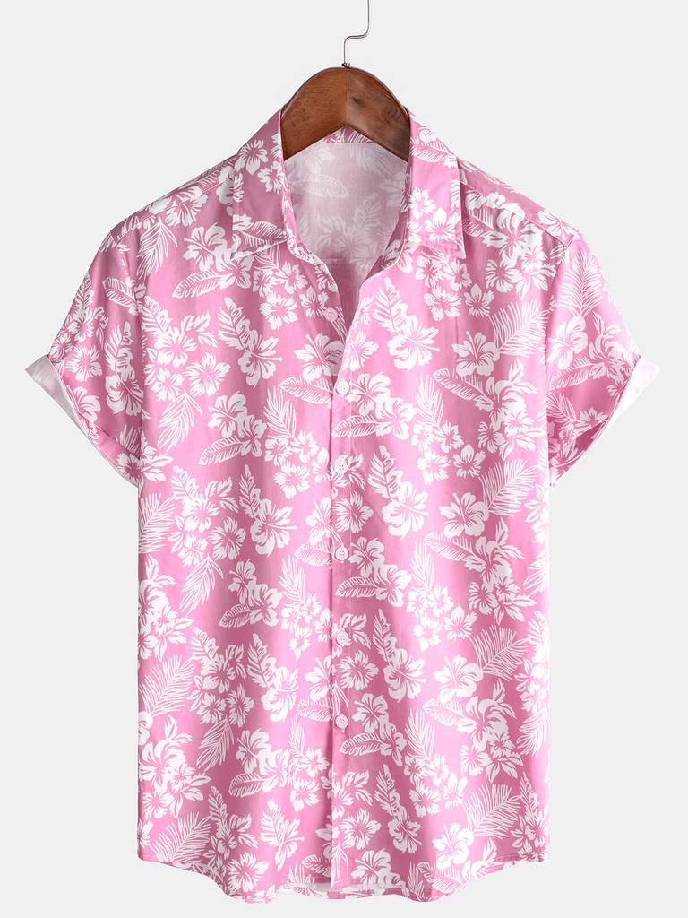 Men's Holiday Hawaiian Floral Button Down Short Sleeve Shirt Lapel Vacation Beach Shirt Blue Green Pink