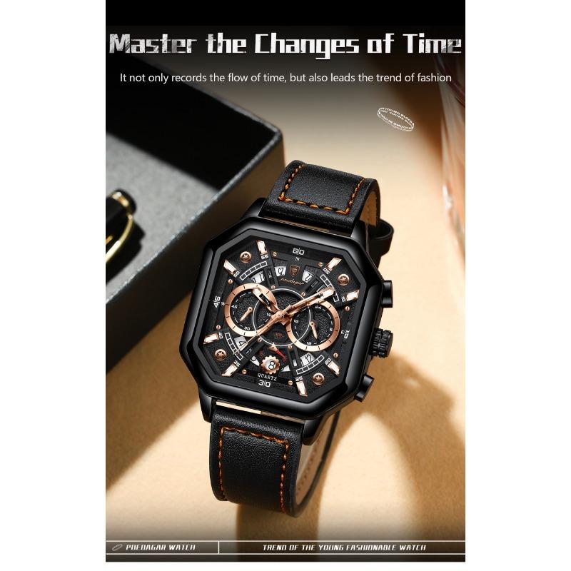 POEDAGAR Luxury Chronograph Square Man Watch Waterproof Luminous Date Men Watch Sports Leather Men's Watches Quartz