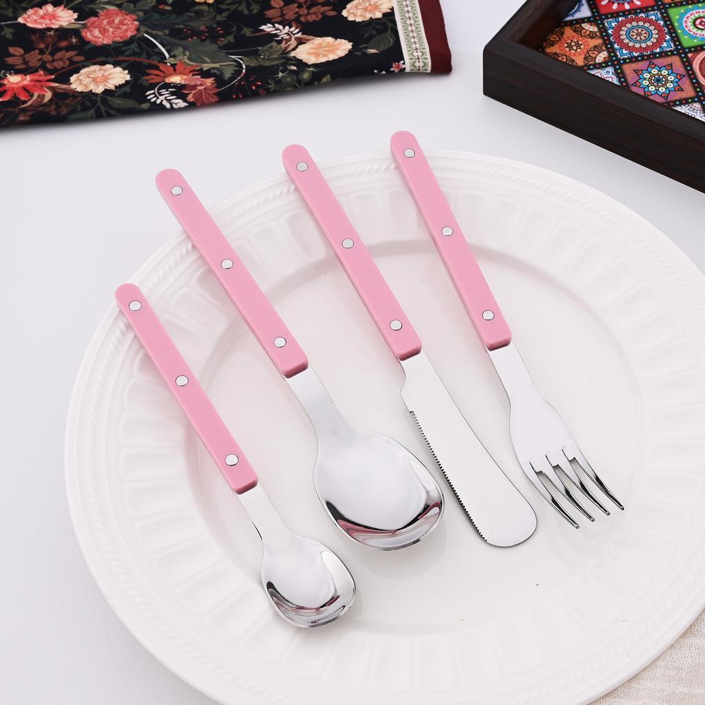 16 Pieces Color Handle Flatware Eating Utensils, Stainless Steel Tableware Rivet ABS Handle Design, Knives Forks Spoons for Home, Service for 4