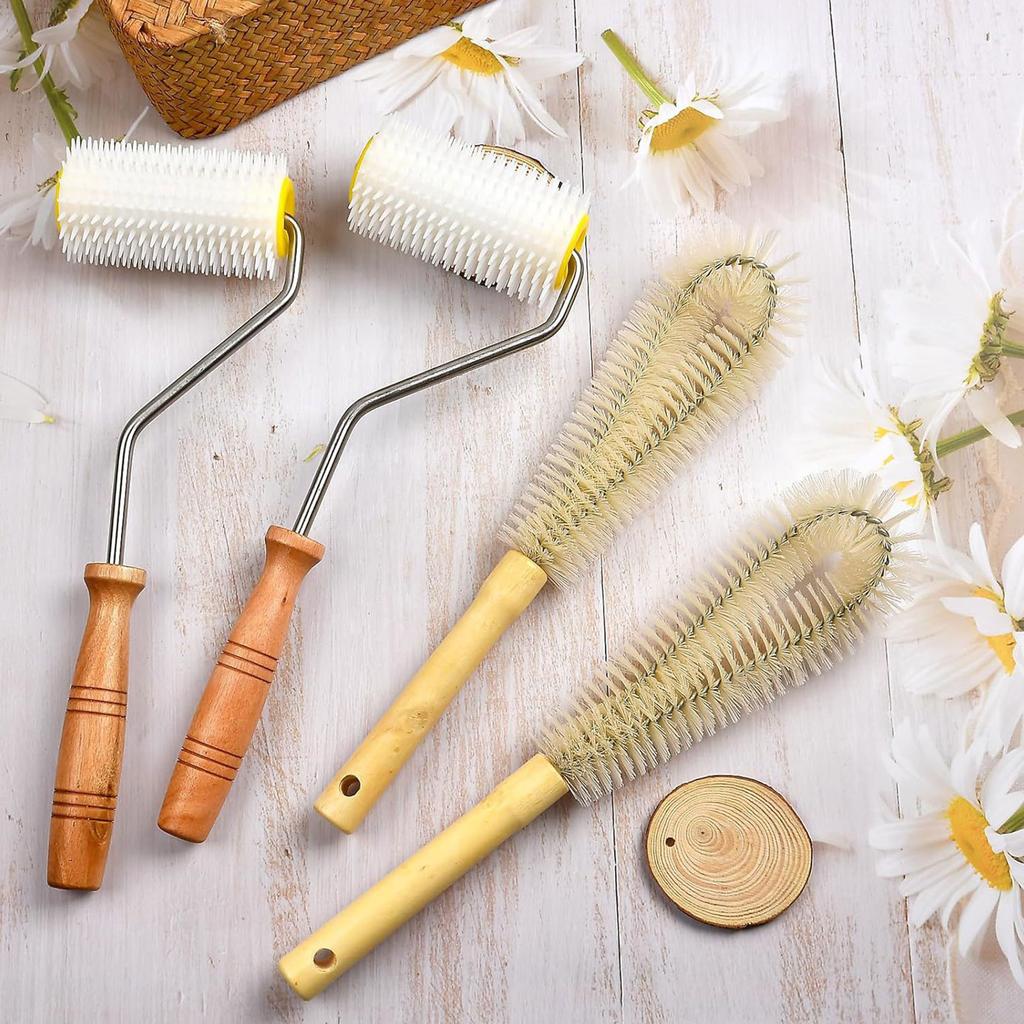 4 bucăți extractor de miere instrument de decuplare cu role cu mâner din lemn pentru apicultor extractor de miere spinner de curățat stupi de albine