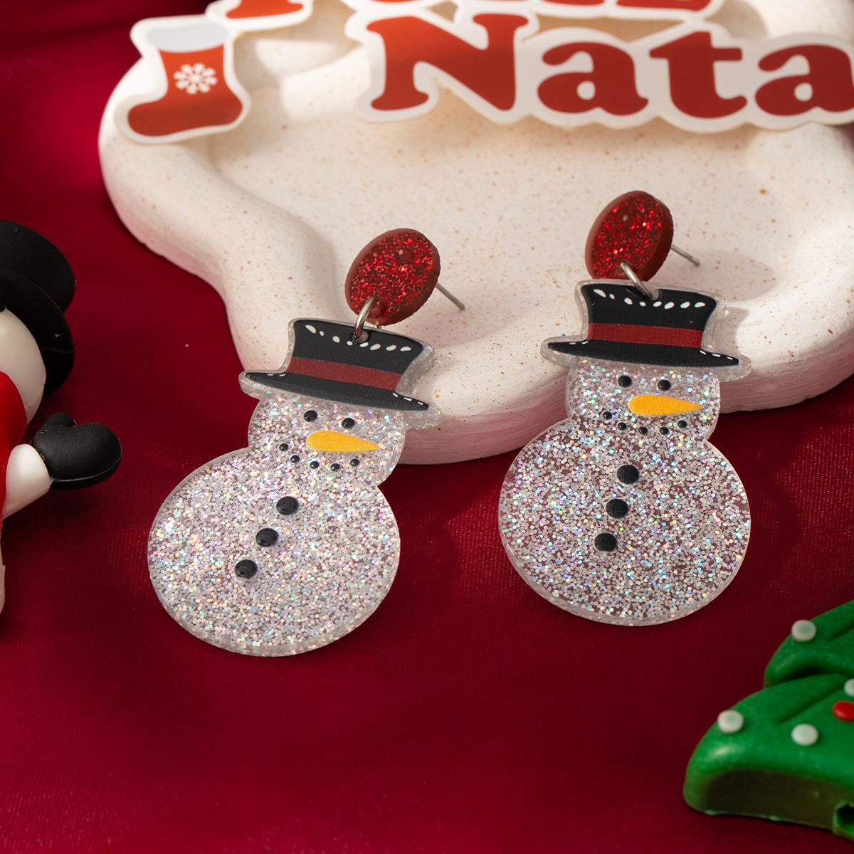 Fine Flash Cartoon Cute Christmas Snowman Acrylic Earrings, Fun Creative Design Earrings For Women