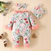 Adorable Baby Floral Flare Sleeve Jumpsuit with Hat & Headband (0-1Y)