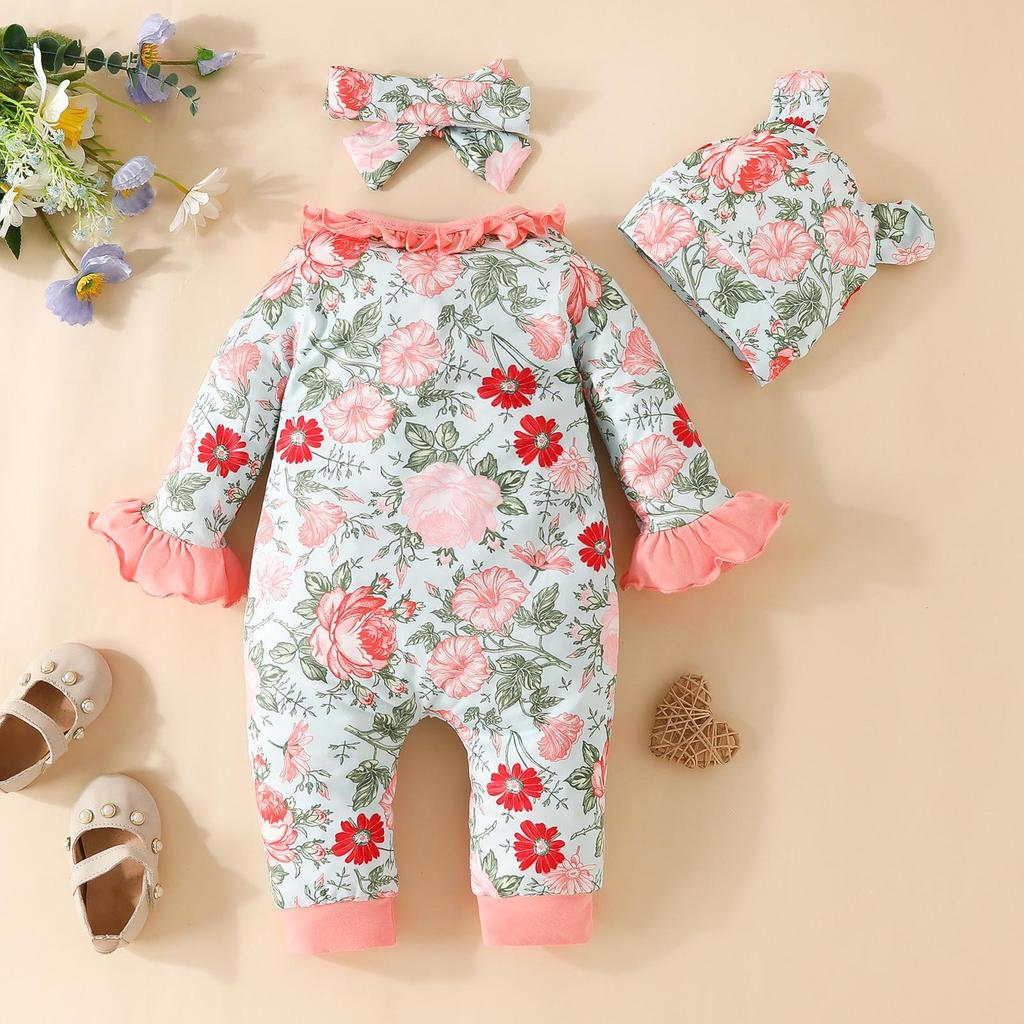 Adorable Baby Floral Flare Sleeve Jumpsuit with Hat & Headband (0-1Y)