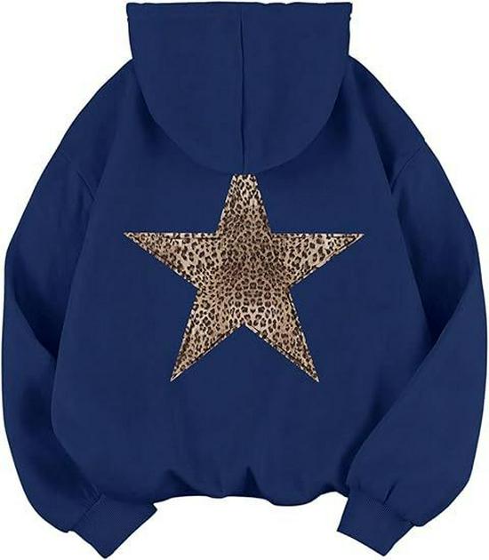 Dames Hooded Sweatshirt met Luipaard- en Sterrenprint, Casual Pullover met Lange Mouwen, Grote Voorraad Beschikbaar