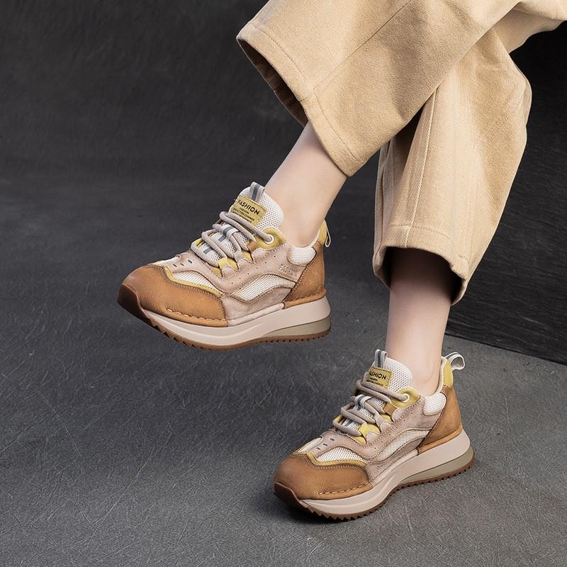 Johnature British Style Genuine Leather Retro Mixed Colors Women's Sports Shoes Mesh Breathable Casual Flat Shoes