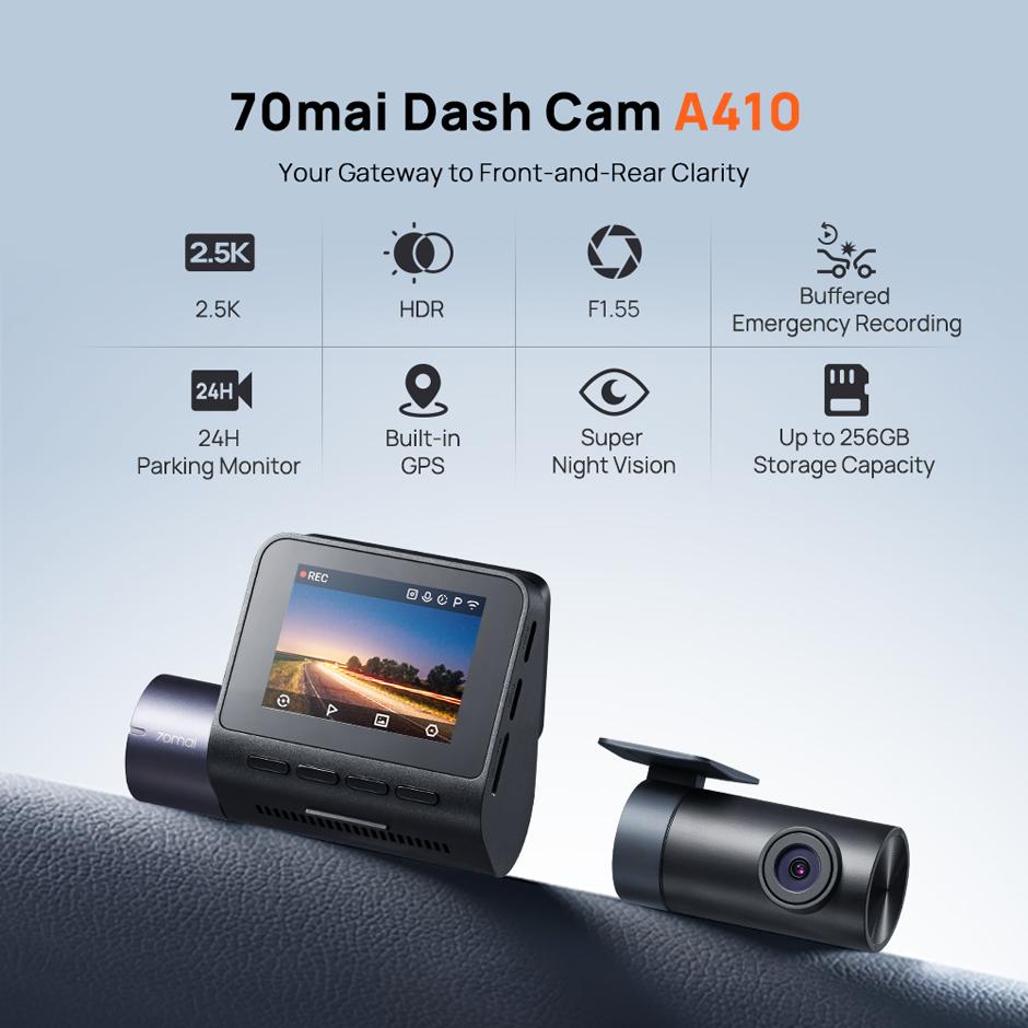 70mai Dash Cam A410 Front 1440P Rear 1080P Car DVR Upgraded Ver. of 70mai A400 Car Recorder 24H Parking Mode Support Max 256GB