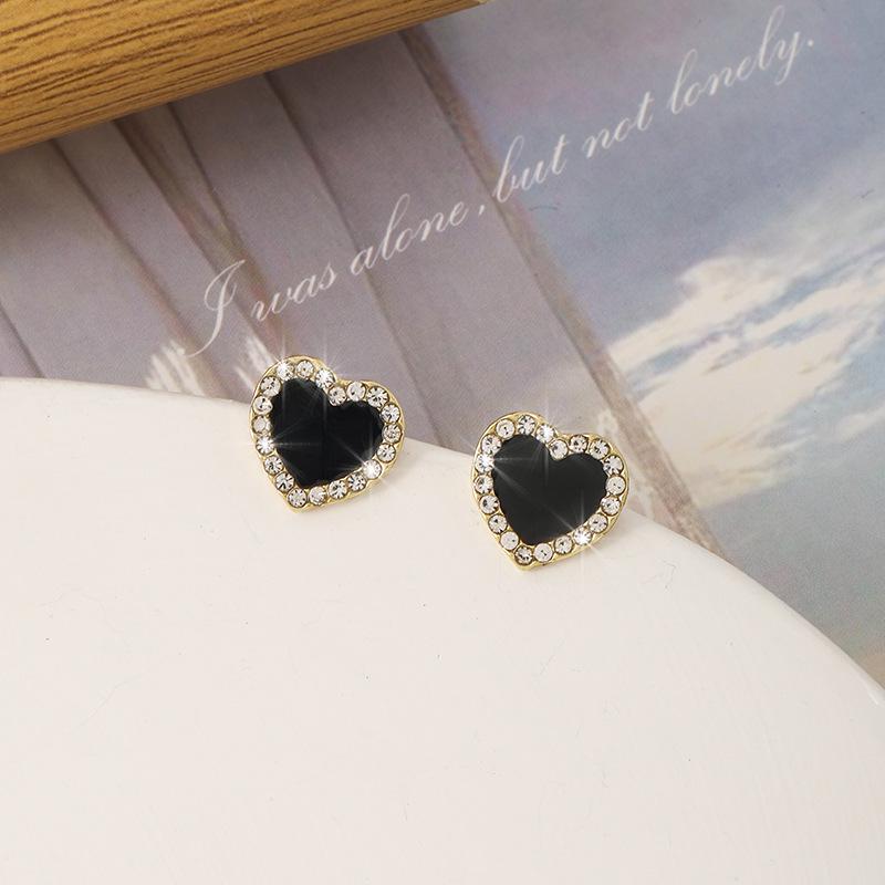 European-American Style S925 Silver Needle Black Oil Drop Diamond Square Earrings