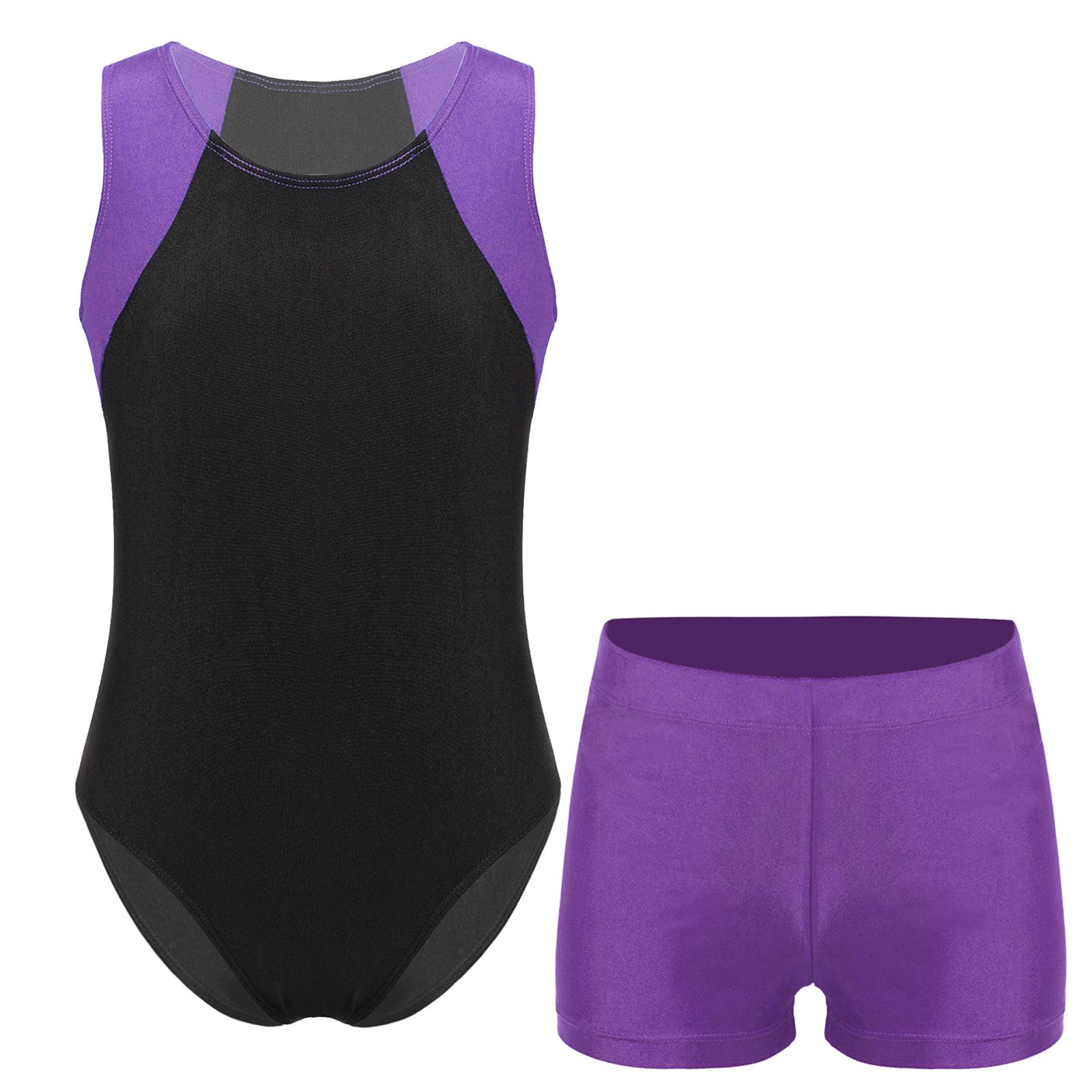 Body per bambini, body, girocollo, senza maniche, con pantaloncini, per gare di allenamento di ginnastica yoga 5-6 Years violetto