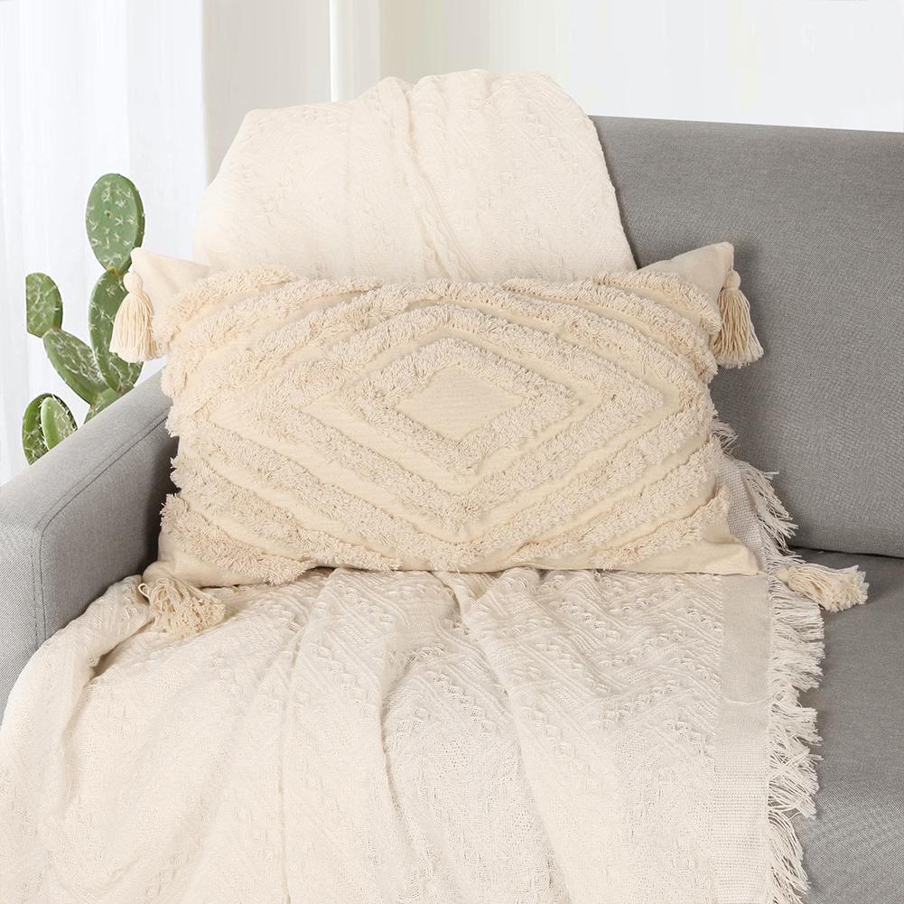 Tufted Cotton Fabric Pillowcase Simple Nordic Style Geometric Tassel Decoration Cushion Case Invisible Zipper Soft Throw Pillow Cover