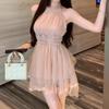 Celebrity daughter wind neck sleeveless dress women's summer sweet bow strap waist bud irregular short skirt