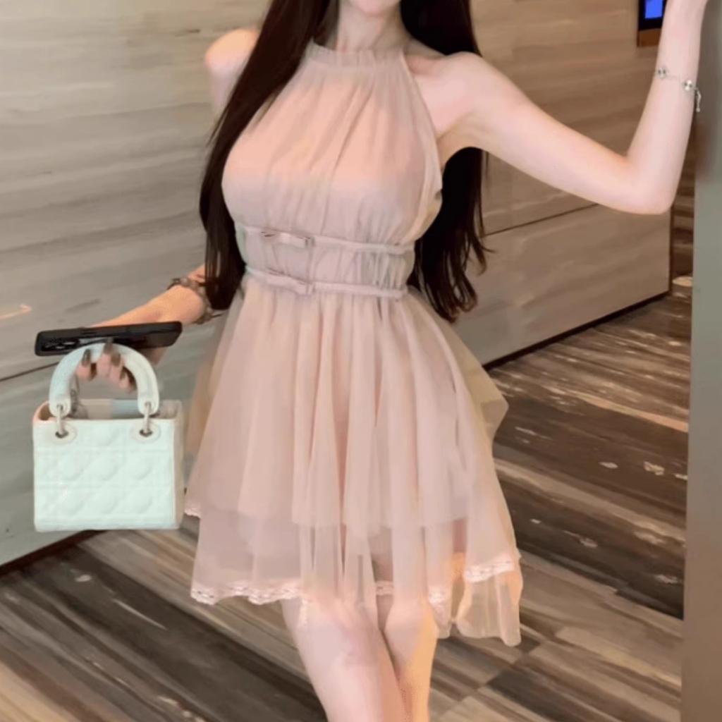 Celebrity daughter wind neck sleeveless dress women's summer sweet bow strap waist bud irregular short skirt