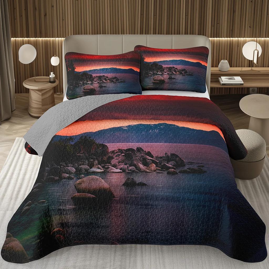 Natural Scenery Bedspread, Sunrise Landscape Coverlet Set,Twin Full Queen King Quilted Bedding Set for Girls Teens Women Bedroom