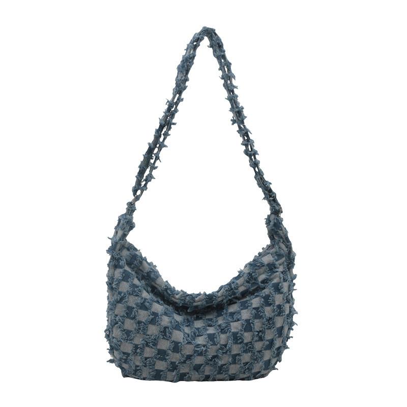 

Stylish Large Capacity Crescent Bag For Women With Trendy Plaid Design For Everyday Use світло-синій колір