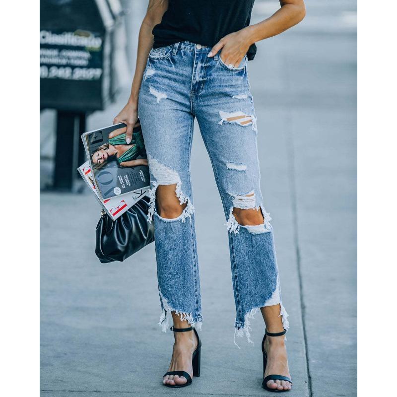 

Весенние новые рваные женские джинсы, выстиранные и порванные, с необработанным краем, брюки нищего XXL джинсовый синий