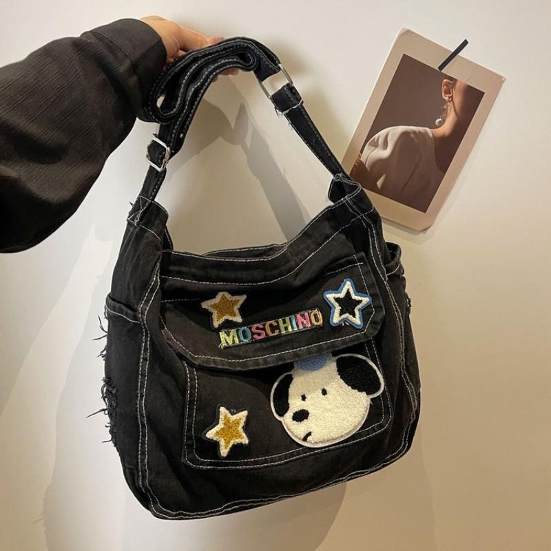 Korean Versi Carto Embroidered Washed Denim Bag for Students One Shoulder Crossbody Tote Bag, Casual and Simple Women's Bag
