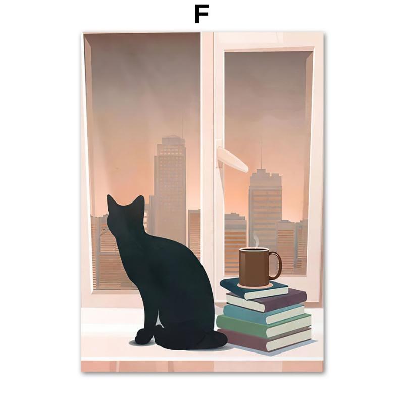 Girl Book Cat Leaf Illustration Wall Art Canvas Painting Abstract Posters & Prints Hotel Bar Wall Pictures For Living Room Decor