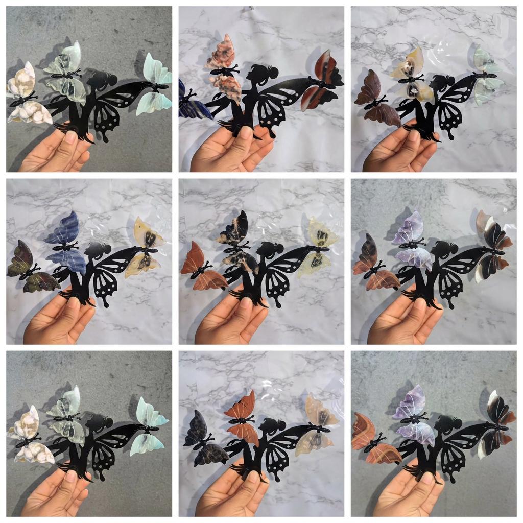 Reiki Healing Gemstones Natural Crystal Butterfly Fairy Figurine Metal Stand Handcrafted for Gift Decoration