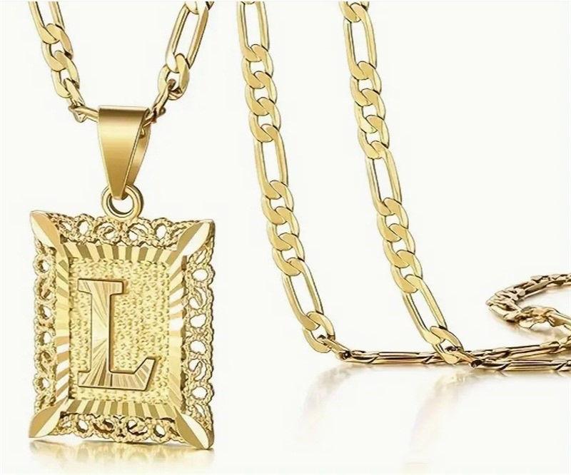 Initial Letter Pendant Necklace for Men Women 14K Gold Plated Square Necklace 26 Letters Long Chain Necklace GZW