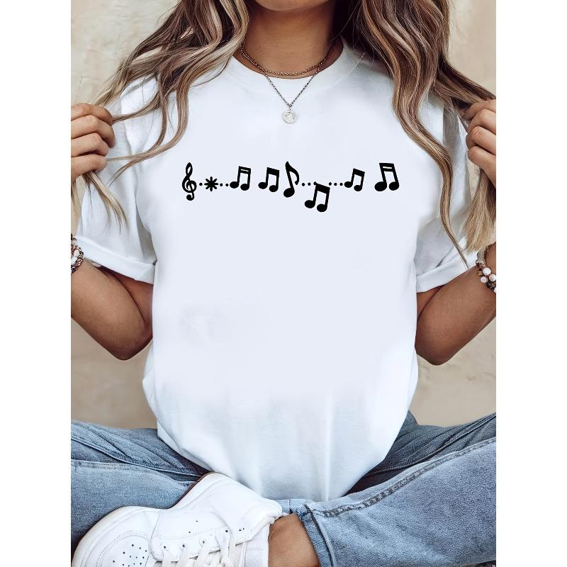 

Plus-size T-shirt with Simple Musical Note Print, White Short-sleeve Crewneck Printed T-shirt - Machine Washable, Casual Style, S белый
