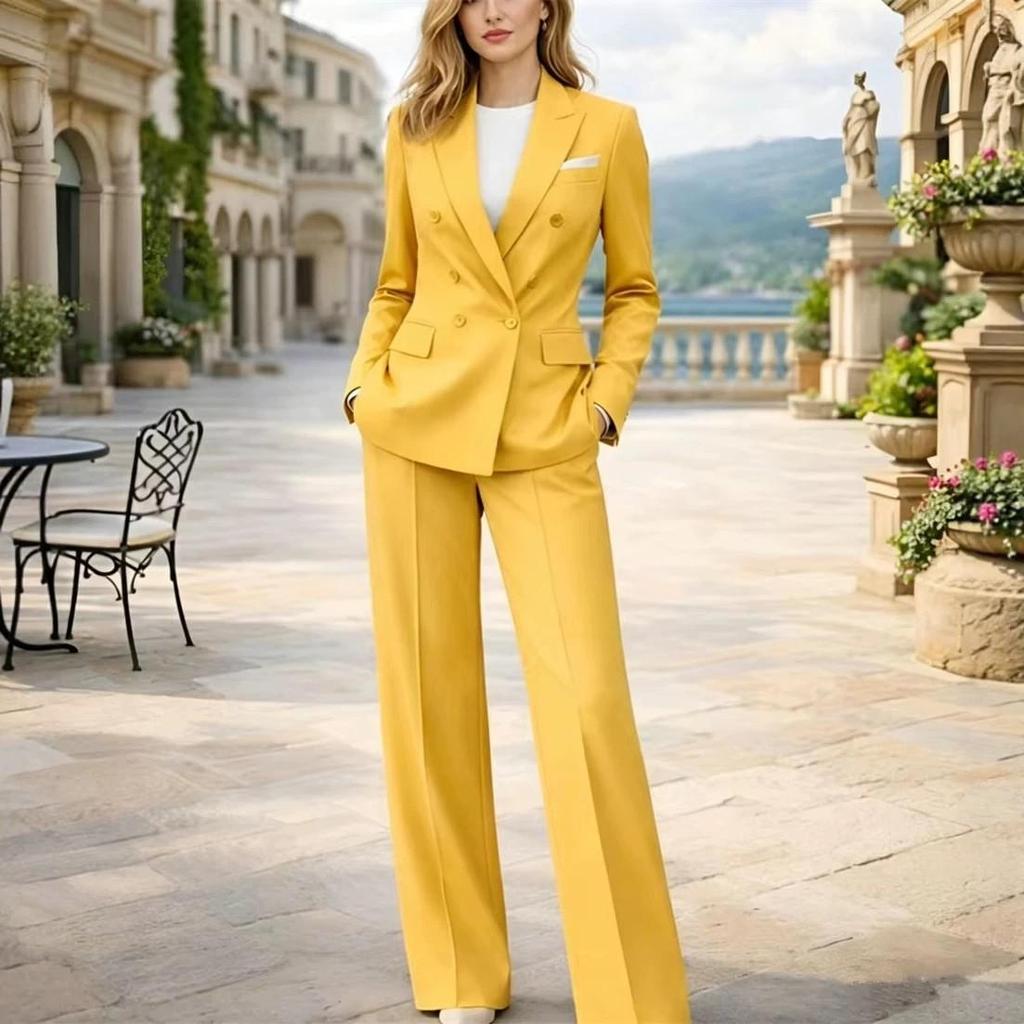 Gelber Damenanzug Zweireihiger Anzug für Damen Maßanfertigung Power Suit Outfit für Hochzeitsgäste (Jacke+Hose)