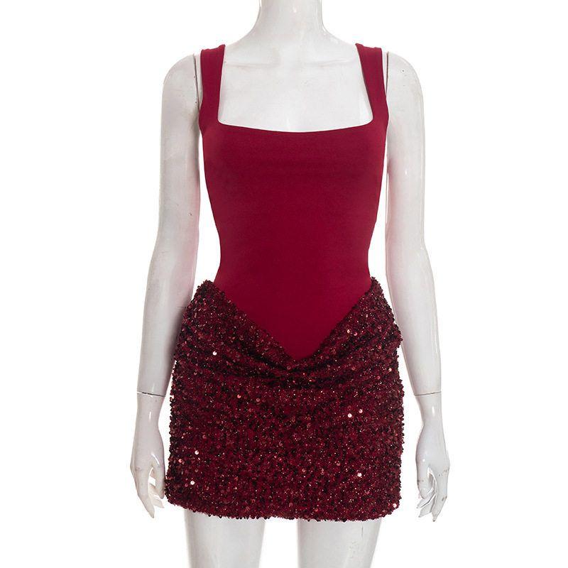 

D25Ds552 European and American Women s Clothing Winter New Slim-Fit Sleeveless Sexy Solid Color Spaghetti Strap Sequin Dress Burgundy S