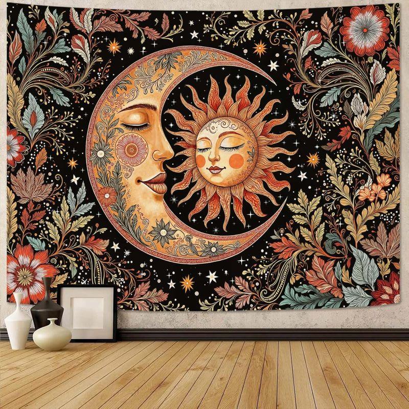 Vintage Sun Moon Tapestry Floral Wall Hanging for Bedroom Living Room Dorm Spiritual Boho Home Decor
