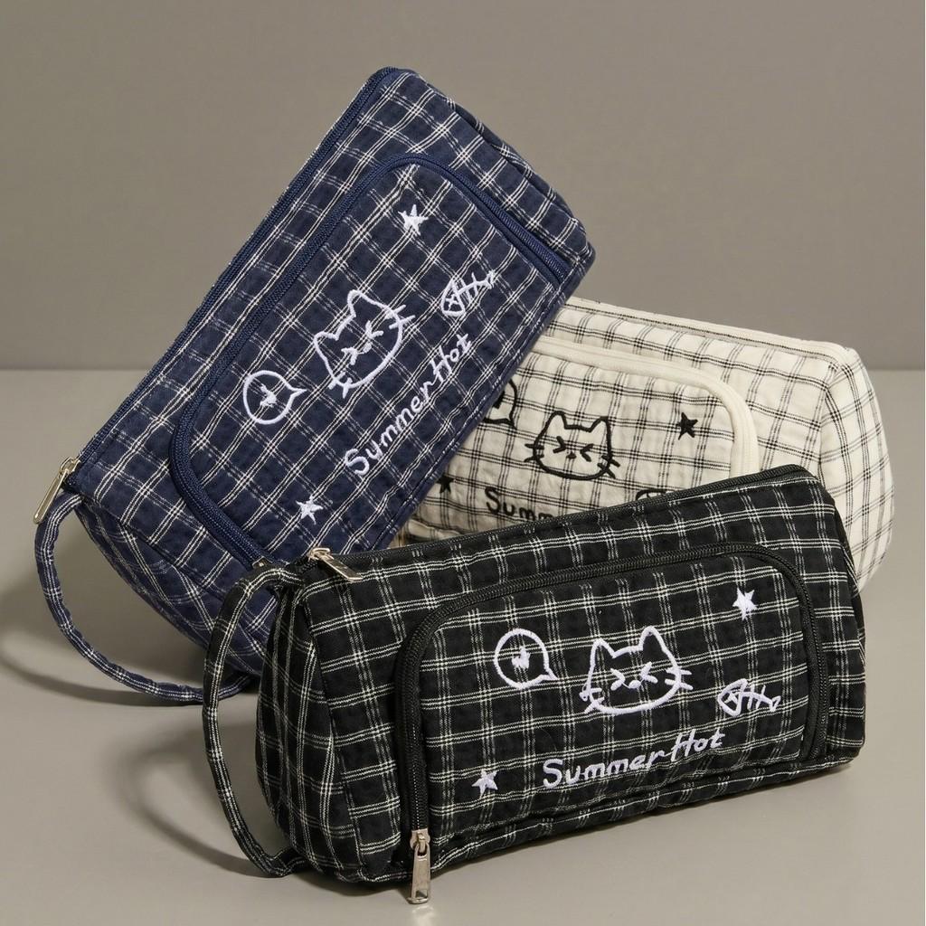 Canvas Cat Pattern Embroidered Large Capacity Pen Case With Stylish Design For Students And Office Use