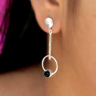 Black Onyx 925 Silver Dangle Women Earrings, Handmade Long Earrings, Round Gemstone Earrings, Anniversary Gift Earrings