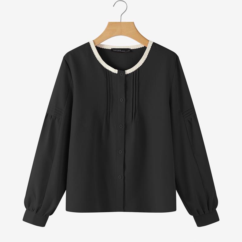 ZANZEA Women Casual Round Neck Solid Color Long Sleeve Blouse