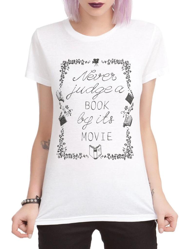 Hot Topic Juniors Never Judge A Book By It's Movie Funny White Shirt NWT Small