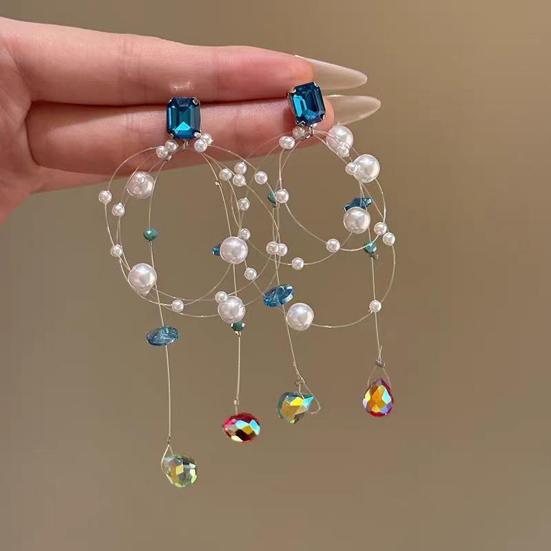 Magic Crystal Star Language~ High-end Sapphire Pearl Stud Earrings Women's Light Luxury Niche Colorful Crystal Tassel Unique Earrings