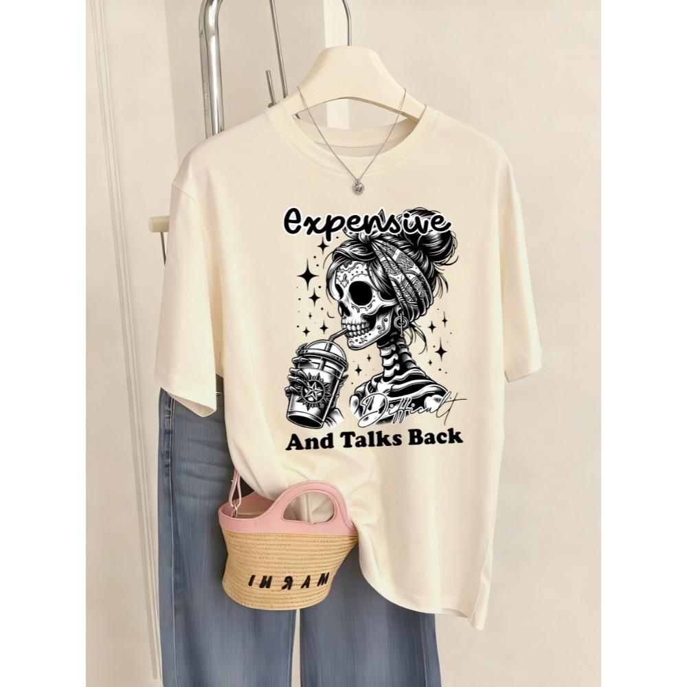 Expensive Talks Back Coffee Skulls Prints T-Shirt Women Sport Breathable T Shirts Crewneck Y2K Short Sleeve Tops