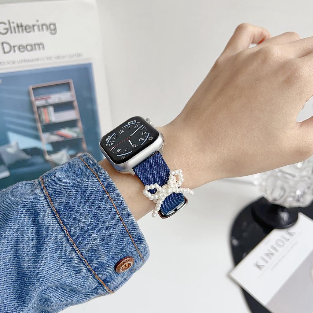 Wrist Strap for Apple Watch Series 10 Ultra 9 8 7 SE 6 5 4 3 2 1 46mm 49mm 45mm 44mm 42mm Pearl Bowknot Denim Leather Watch Band