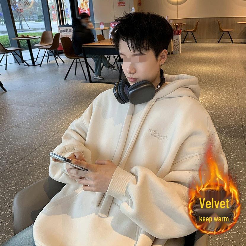 Men's American Retro Vintage Fleece-Lined Hooded Sweatshirt - Spring/Autumn Trendy Loose Fit Hoodie Jacket