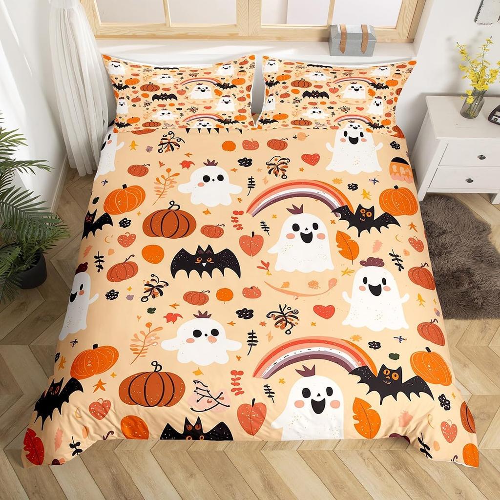 Halloween Ghost Duvet Cover Kawaii Cartoon Ghost Bedding Set Twin Queen For Boys Girl Room Decor Happy Halloween Comforter Cover