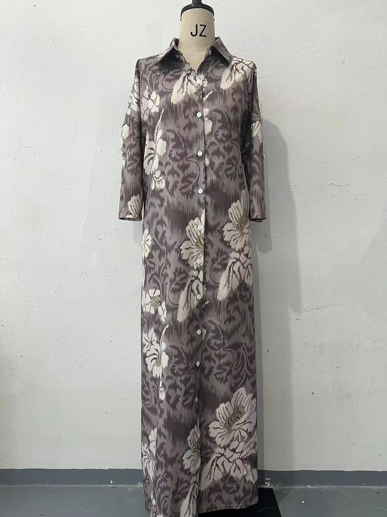 Ladies Floral Print Long Sleeve Maxi Dress Pleated Formal Party Dress