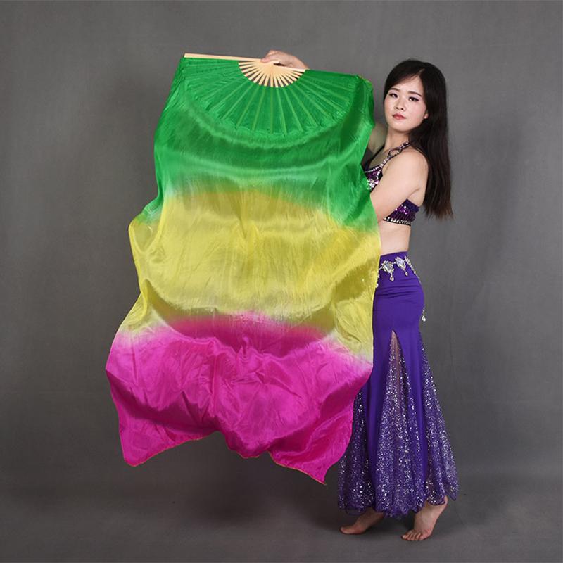 1 Pcs 150cm Length Belly Dance Fan Gradient Color Real Silk Bamboo Fans Practice Dance Silky Veil Stage Performance Props