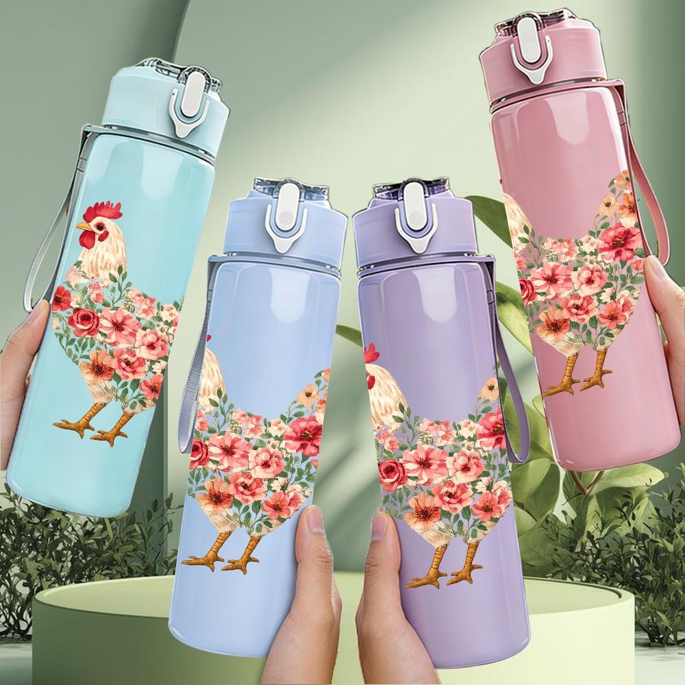 1PC Floral Rooster Chicken Art Print 750ml Color Plastic Sports Water Bottle Leakproof Flip Straw Lid Suitable for Sports Office Home Use