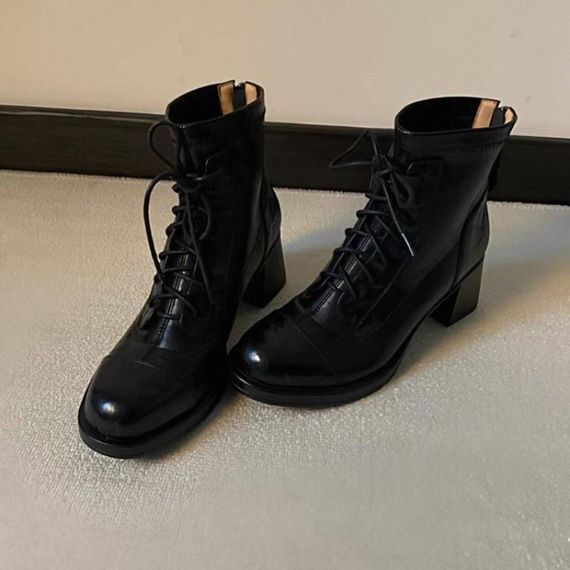 Women's Western Block Heel Leather Shoes Fall New Round Toe Lace-Up Rear Zip Anti-Slip Booties