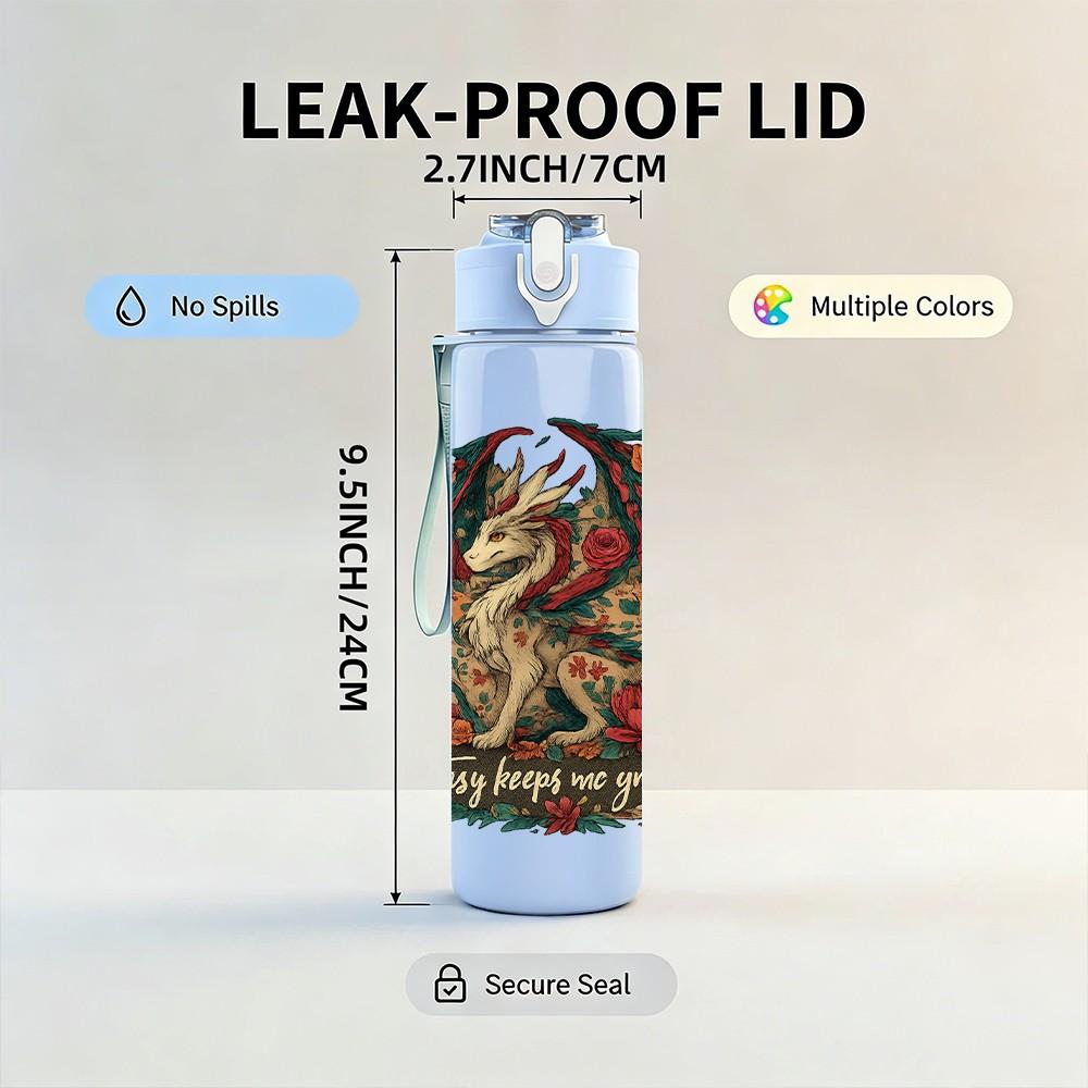 1PC Floral Circle Dragon Emblem 750ml Color Plastic Sports Water Bottle Leakproof Flip Straw Lid Suitable for Sports Office Home Use